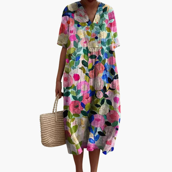 Floral V-Neck Oversized Midi Dress in pink