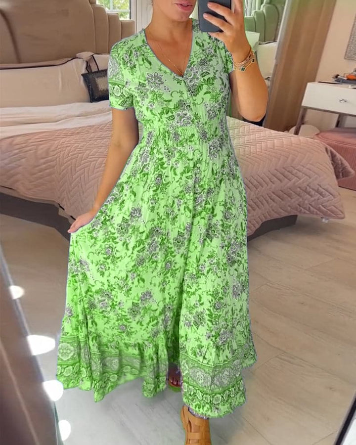 Floral Print Flowy Maxi Dress - Green
