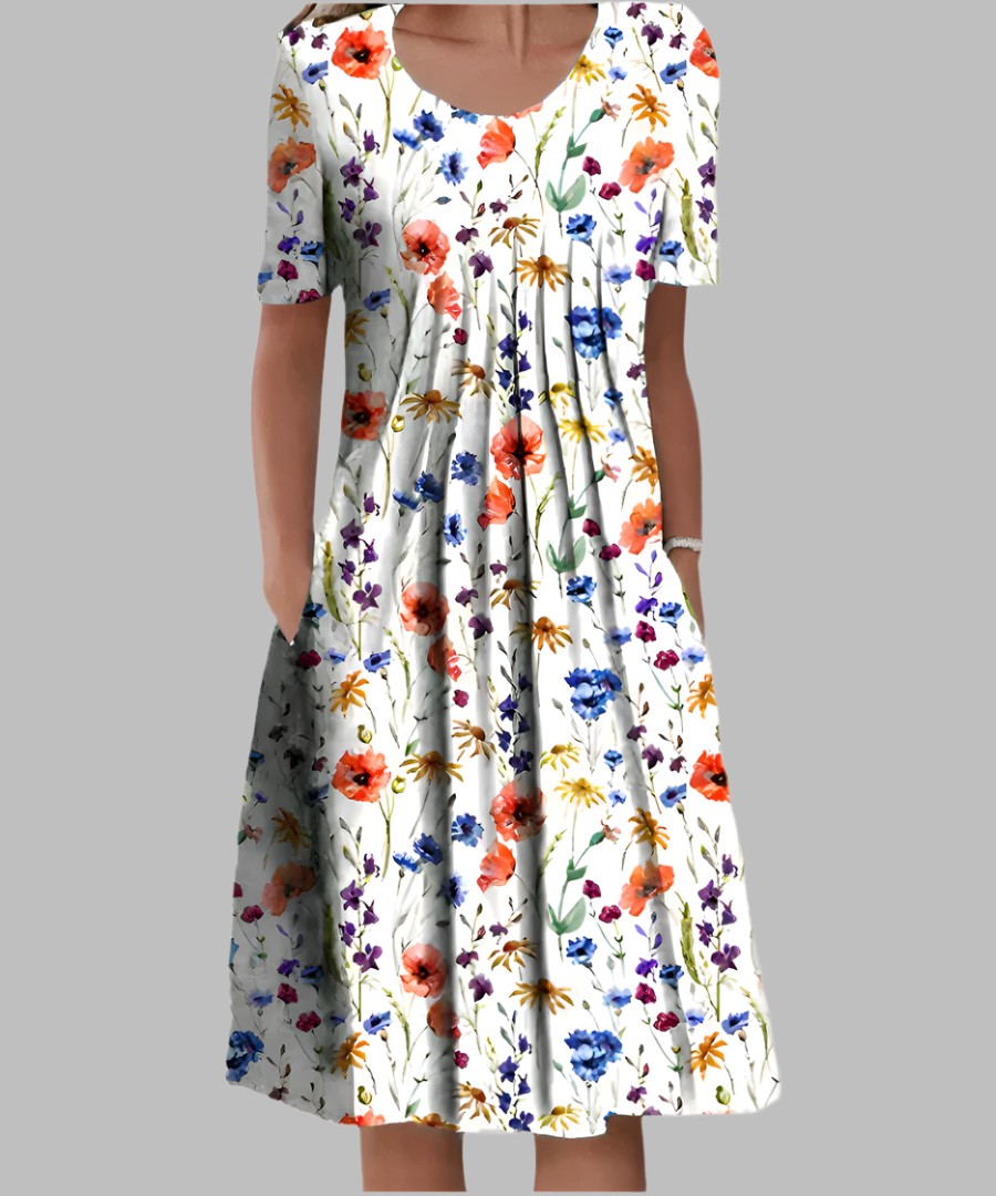 Elegant Flowing Printed Midi Dress - White and Red