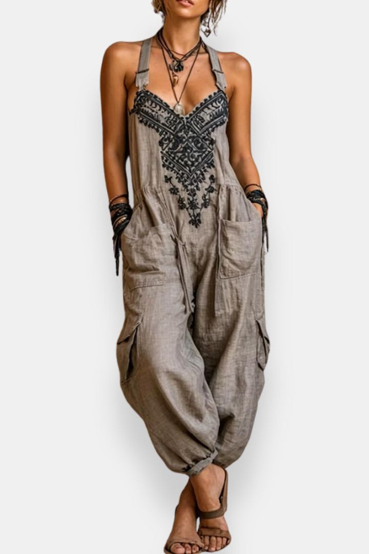 Women's embroidered bohemian strappy jumpsuit in grey