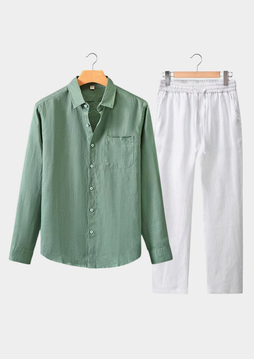Green & White Linen Longsleeve Summer Set