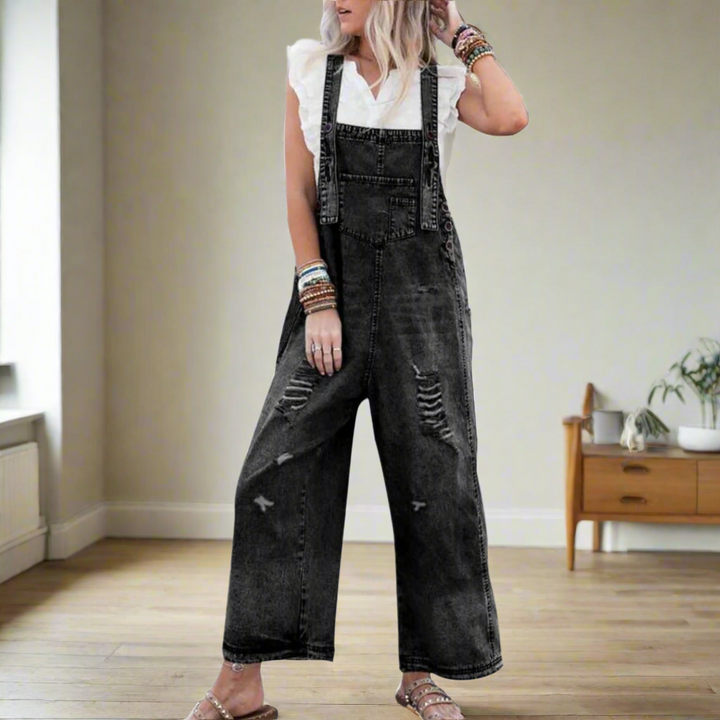 Women's vintage wash adjustable strap jumpsuit in black