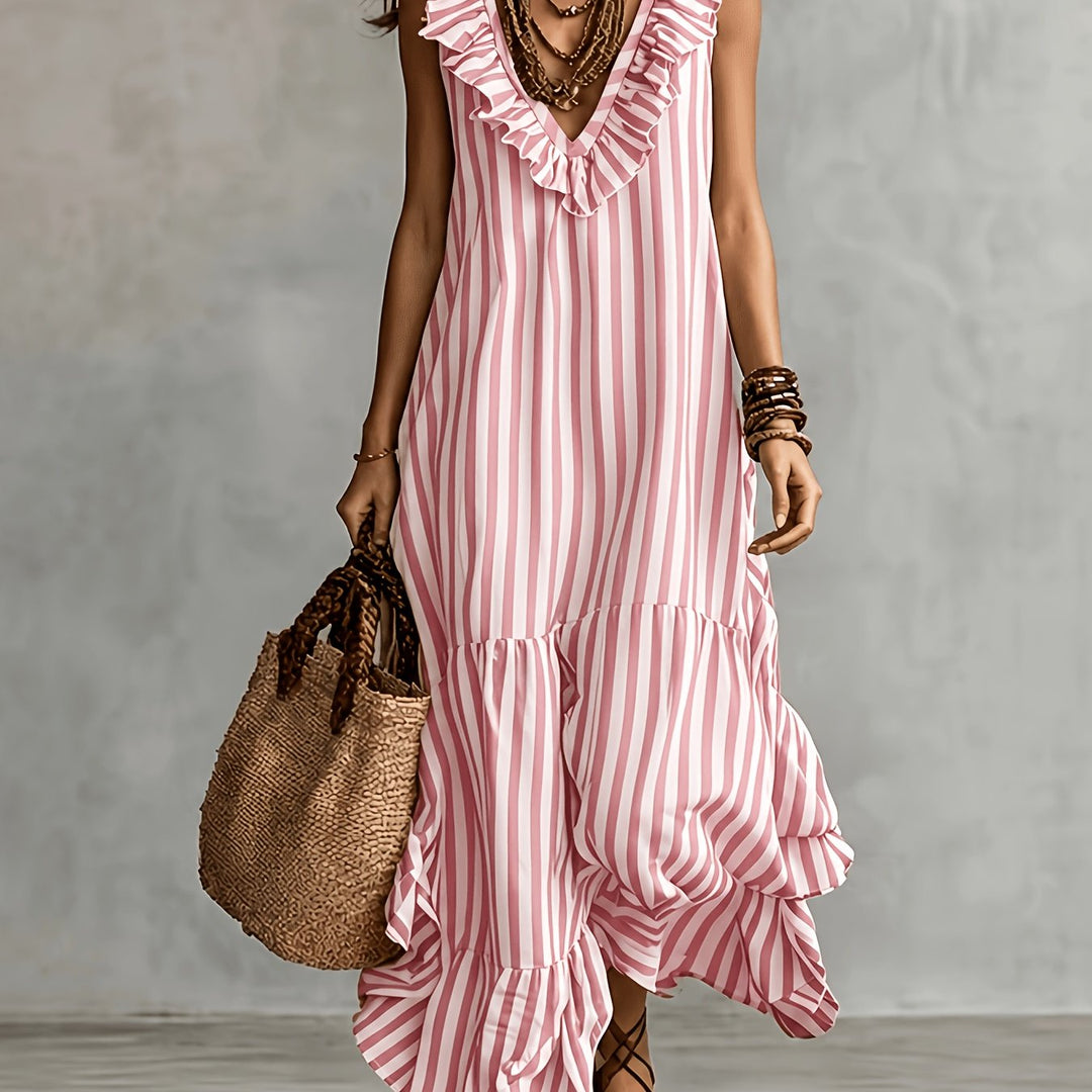 Striped Ruffled Boho Maxi Dress - Pink