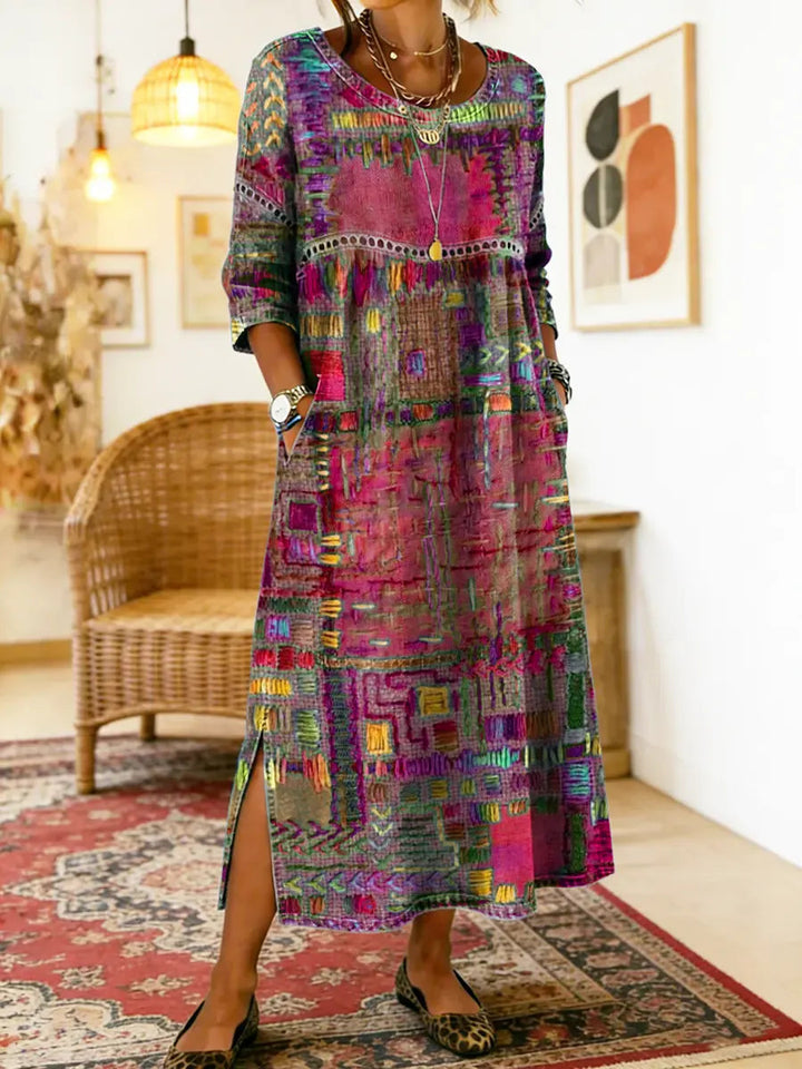 Ethnic patchwork print dress in pink