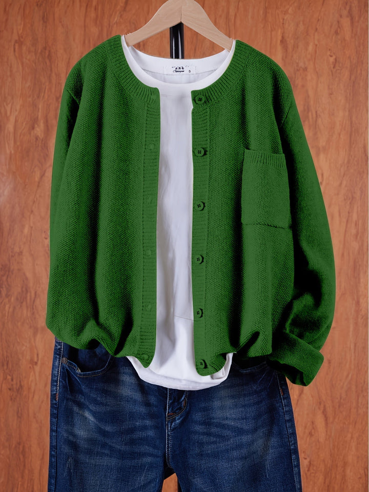 Women's Crew Neck Button Cardigan with Chest Pocket - Dark Green