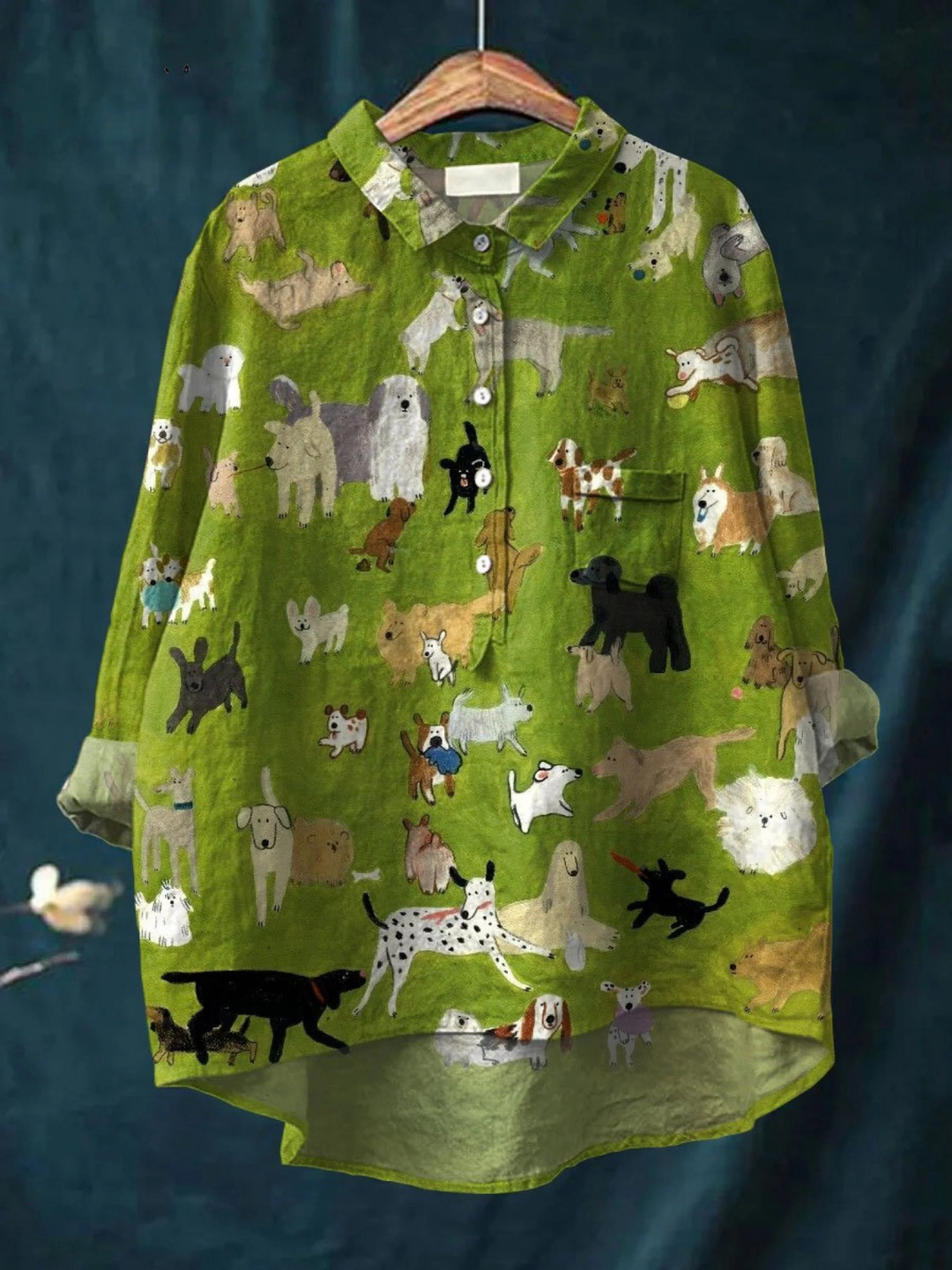 Women's multicolor dog art print long sleeve button-down shirt