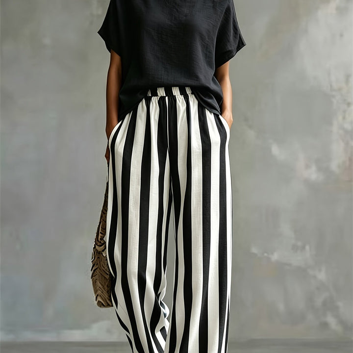 Striped Wide-Leg Two-Piece Set in Black
