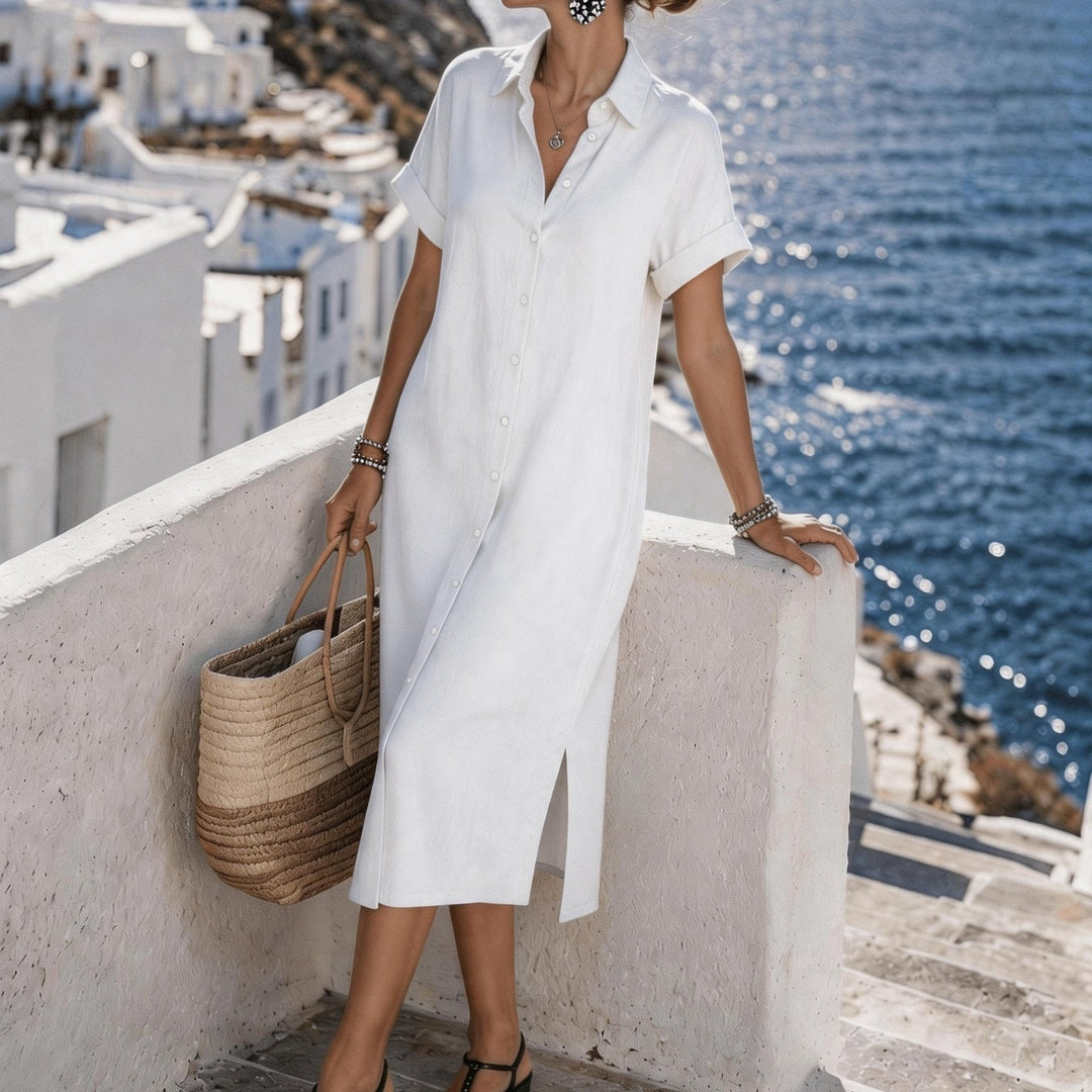 Short-Sleeve Button-Front Shirt Dress - White