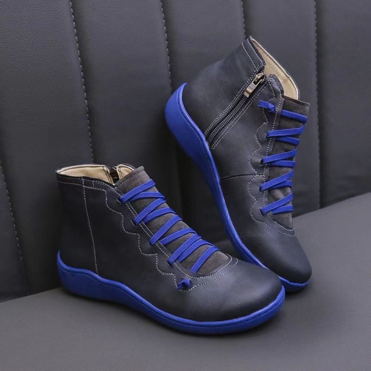 Lace up leather zip flat casual ankle boot in blue