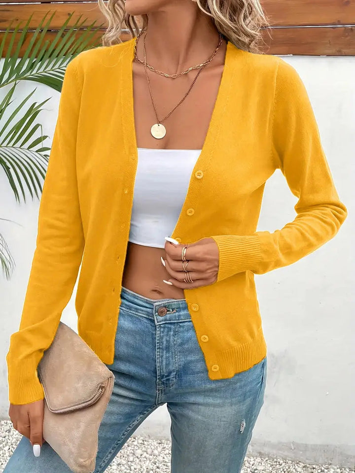 Women's fine knit V-neck button cardigan in yellow