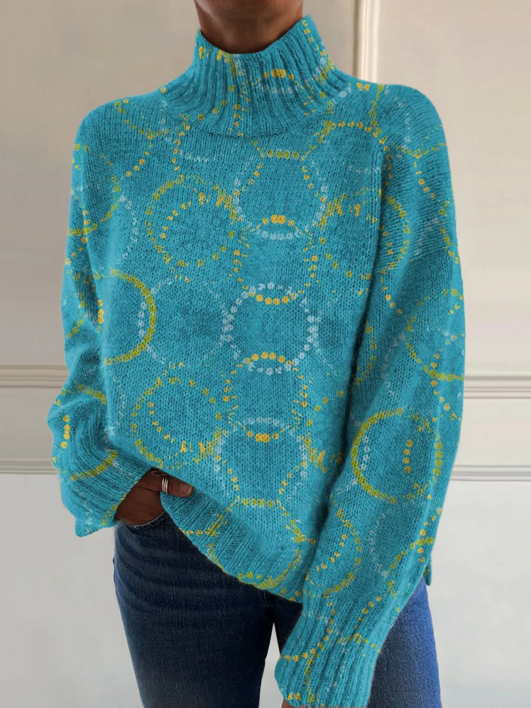 Women's Bright Circle Art Print Turtleneck Sweater - Multicolour