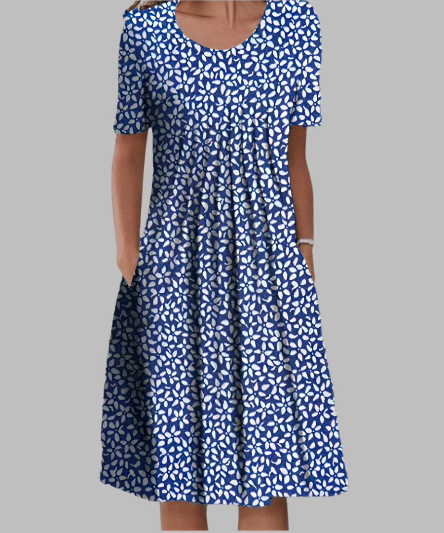 Elegant Flowing Printed Midi Dress - Blue with Flowers
