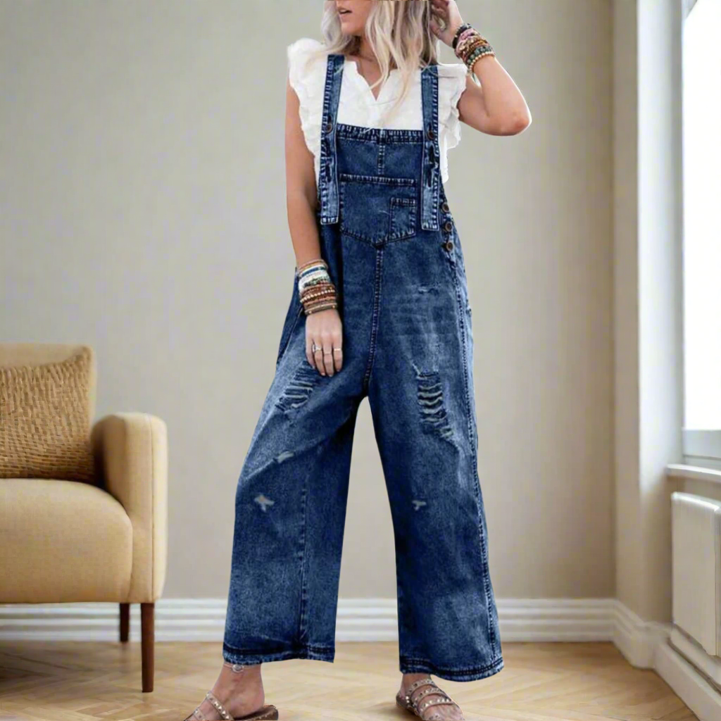Women's vintage wash adjustable strap jumpsuit in sea blue