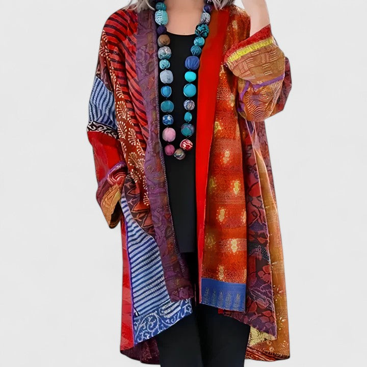 Women's patchwork print longline kimono cardigan in red