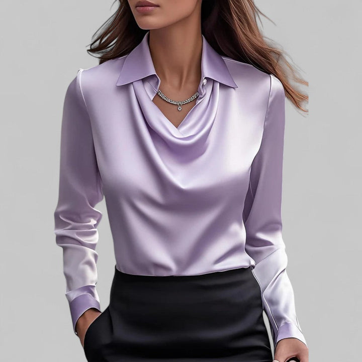Satin draped neck blouse in purple