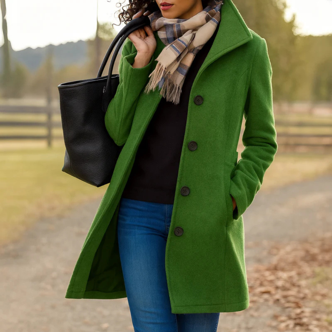 Moss green button-front longline winter coat women