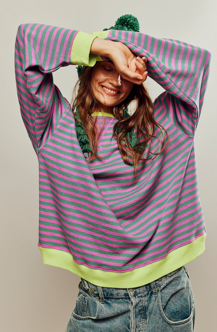 Women's oversized striped sweater in green and pink