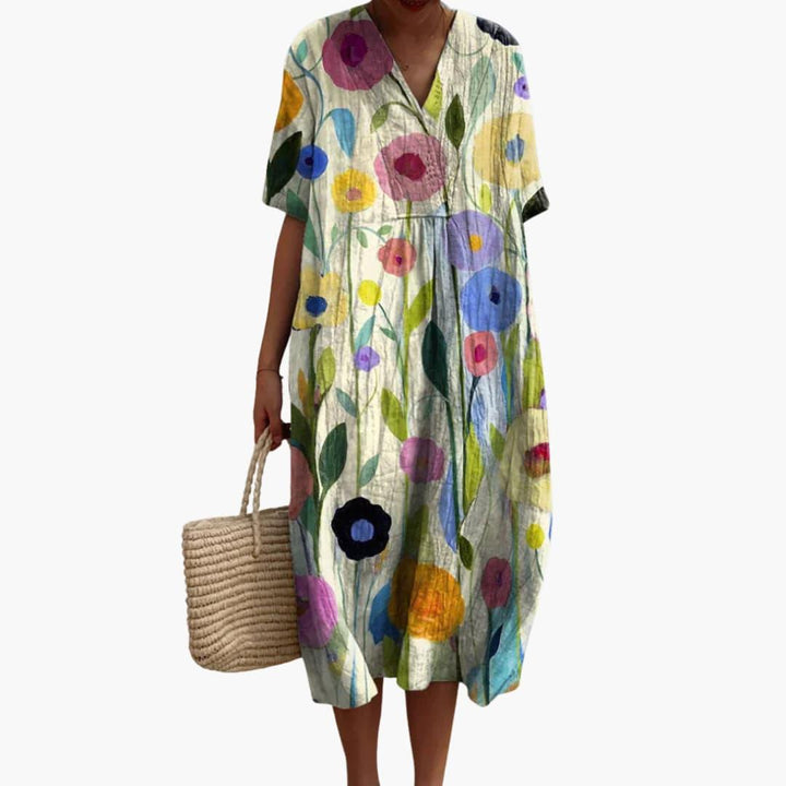 Floral V-Neck Oversized Midi Dress in multicolour