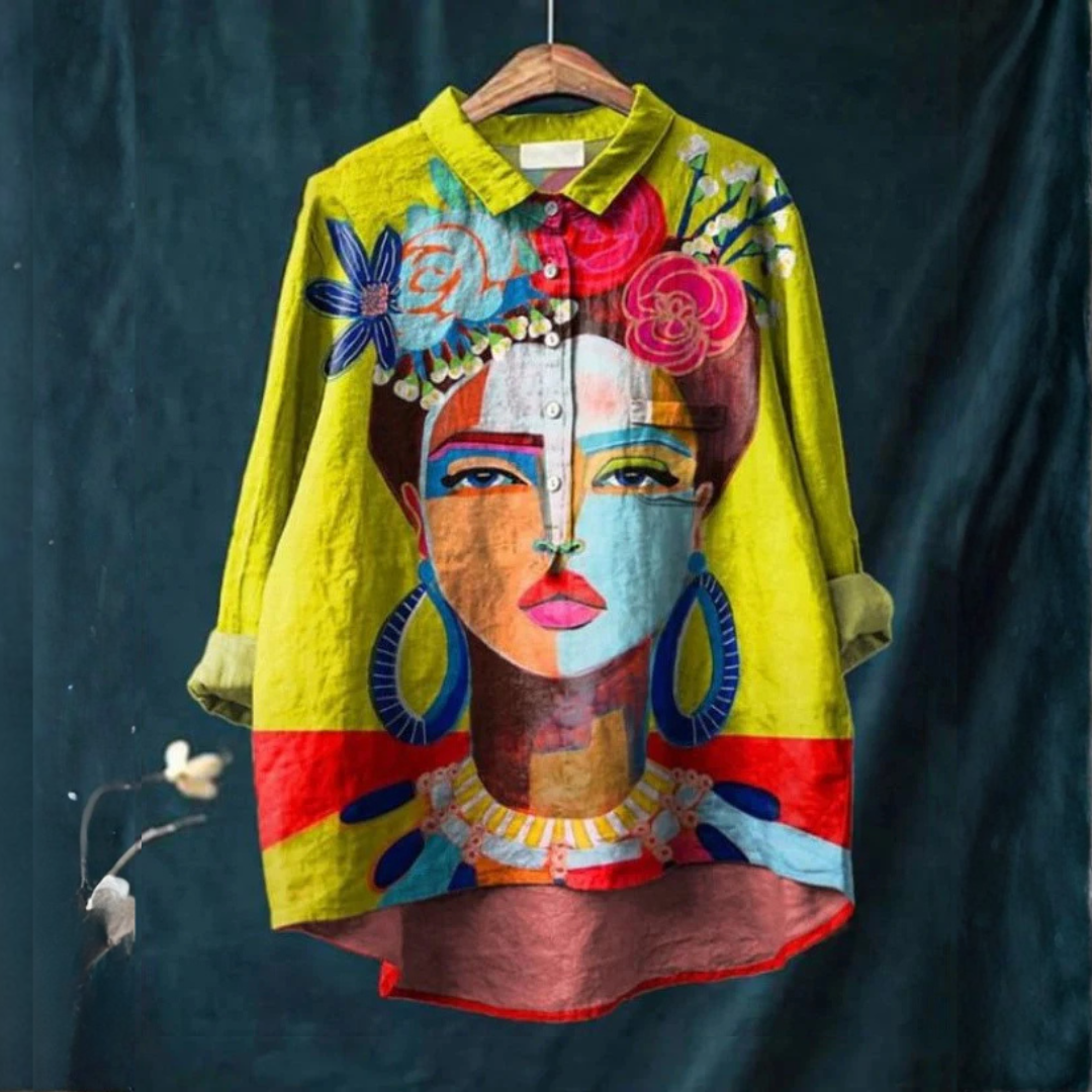 Patterned linen shirt in yellow