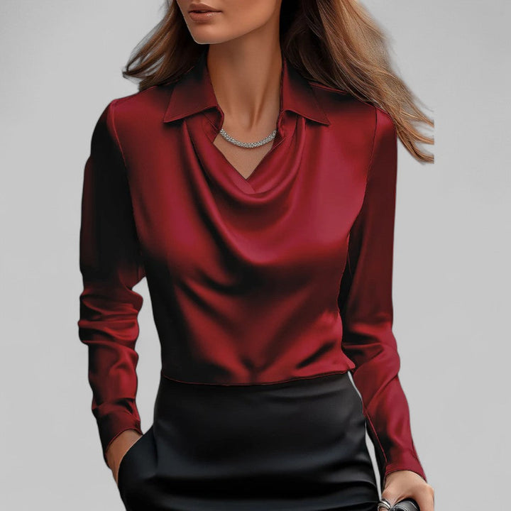 Satin draped neck blouse in red