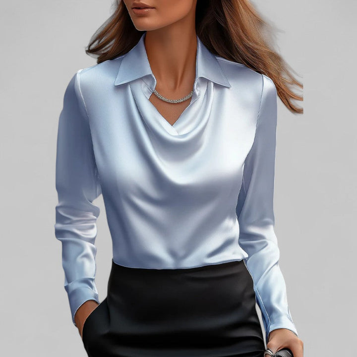 Satin draped neck blouse in blue