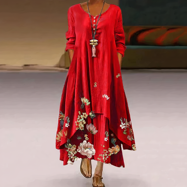 Women's floral border print long sleeve oversized maxi dress in red
