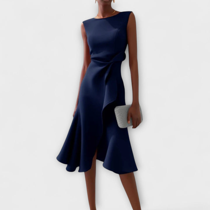 Sophisticated asymmetric midi dress in navy blue