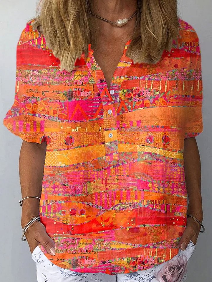 Vintage art print cotton linen shirt with short sleeves