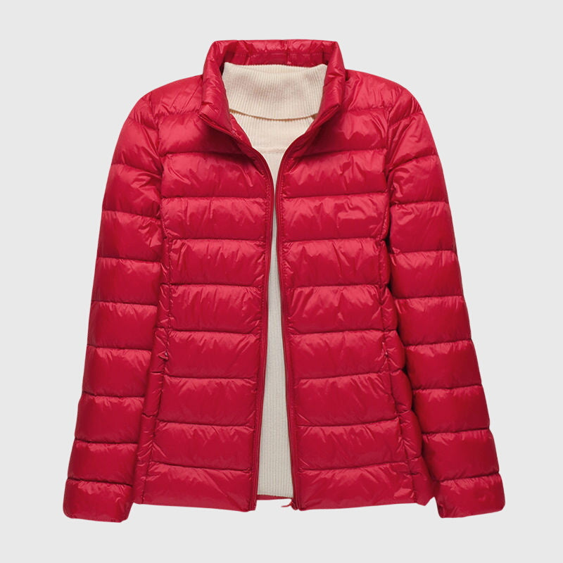 Women's Quilted Puffer Jacket - Red Stand Collar