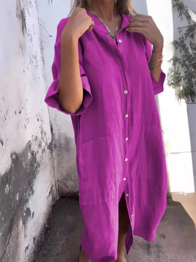 Button-Down Rolled Sleeve Midi Shirt Dress - Purple