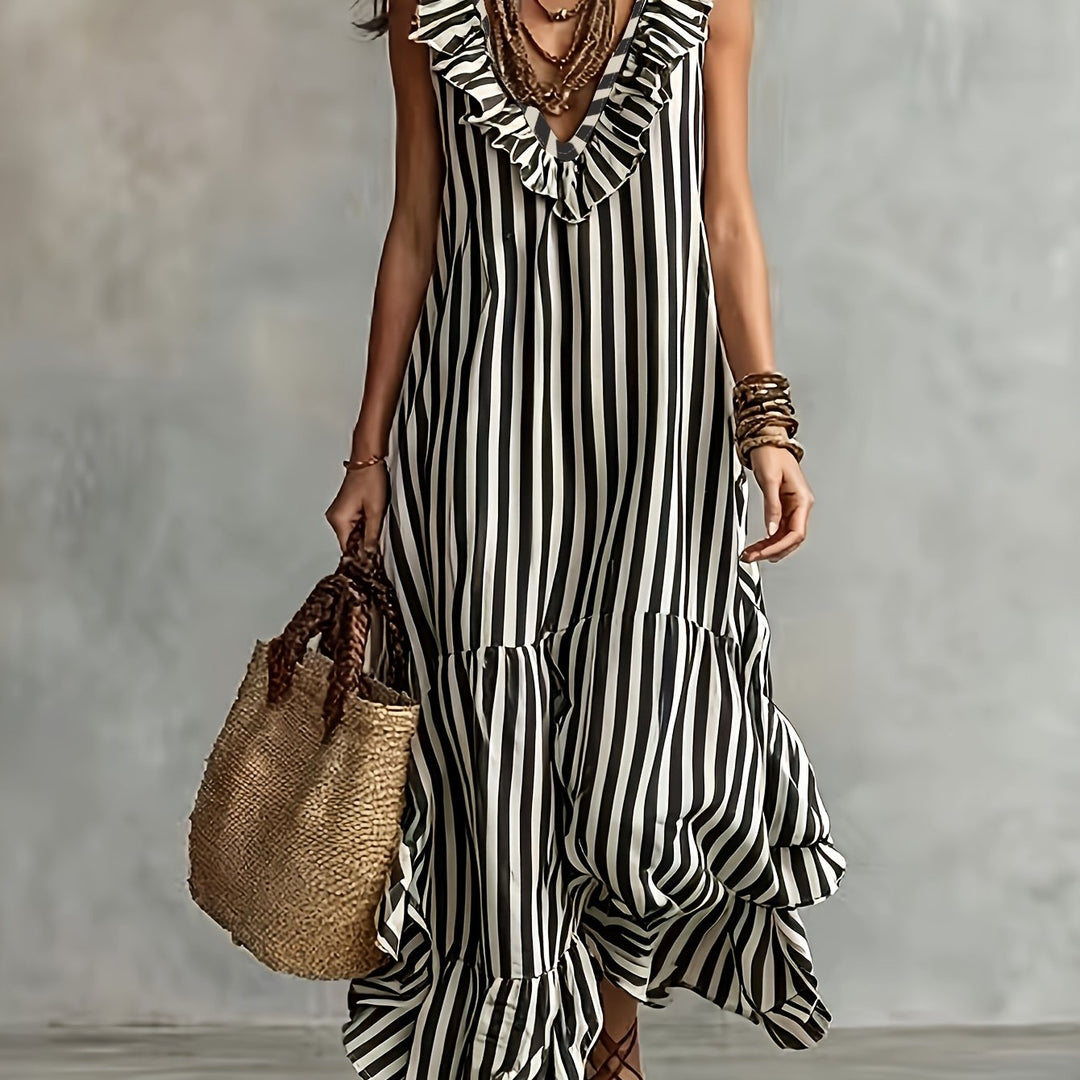 Striped Ruffled Boho Maxi Dress - Black