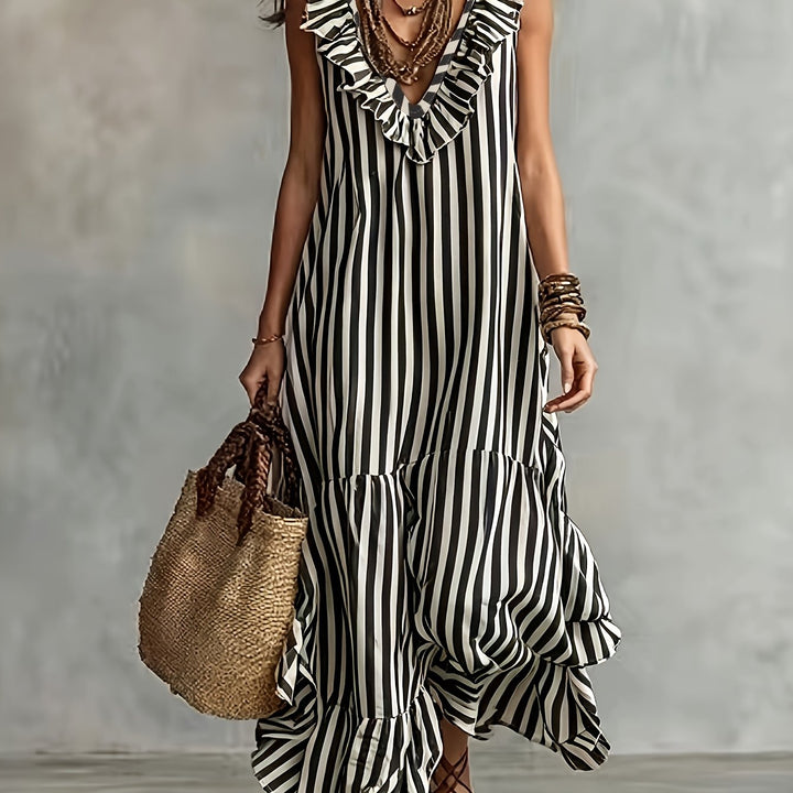 Striped Ruffled Boho Maxi Dress - Black
