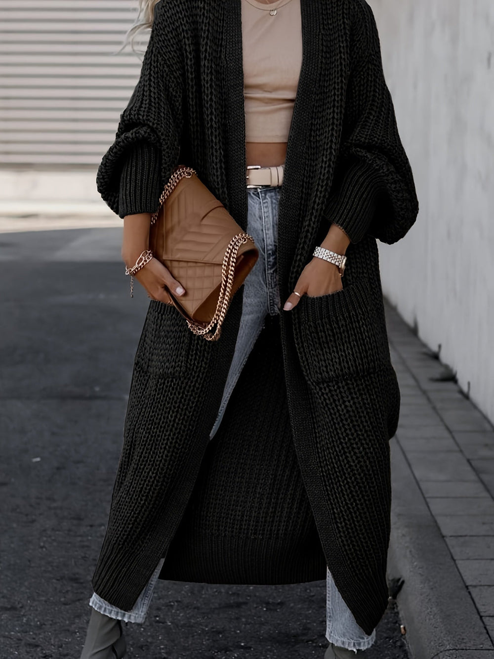 Women's Maxi Length Duster Cardigan with Pockets - Black