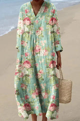 Women's Pastel Floral V-Neck Long Sleeve Maxi Dress