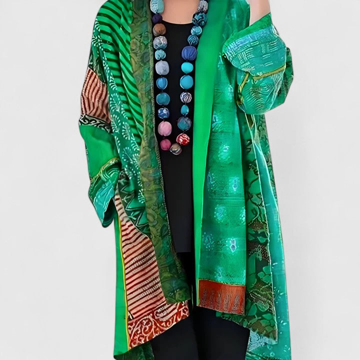 Women's patchwork print longline kimono cardigan in green