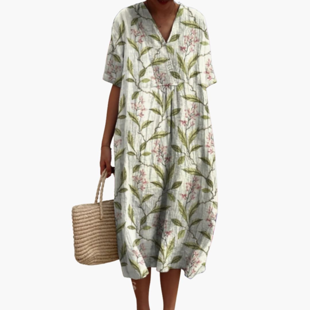 Floral V-Neck Oversized Midi Dress in olive green