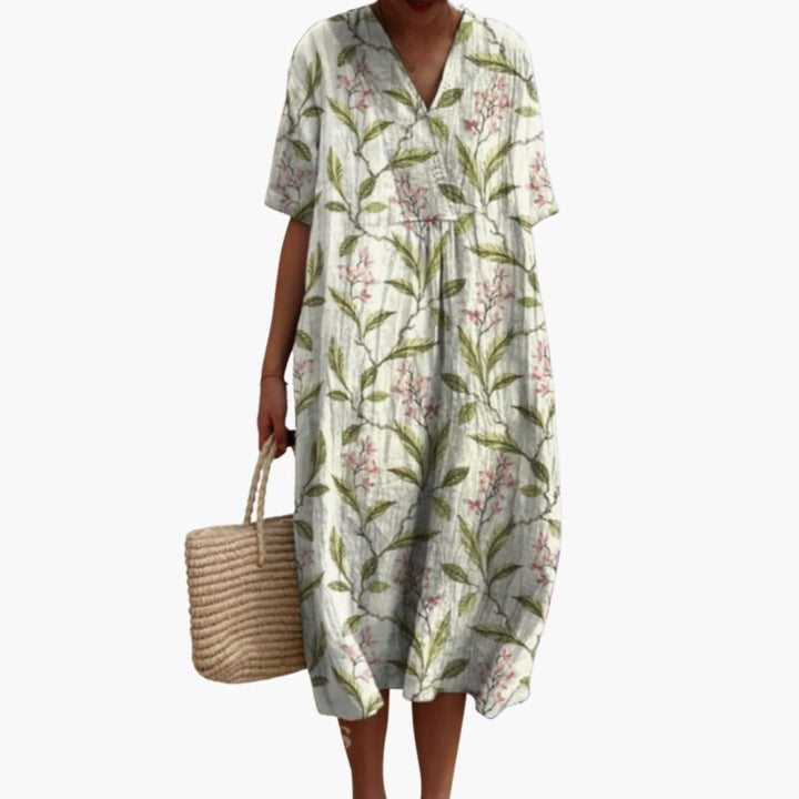 Floral V-Neck Oversized Midi Dress in olive green