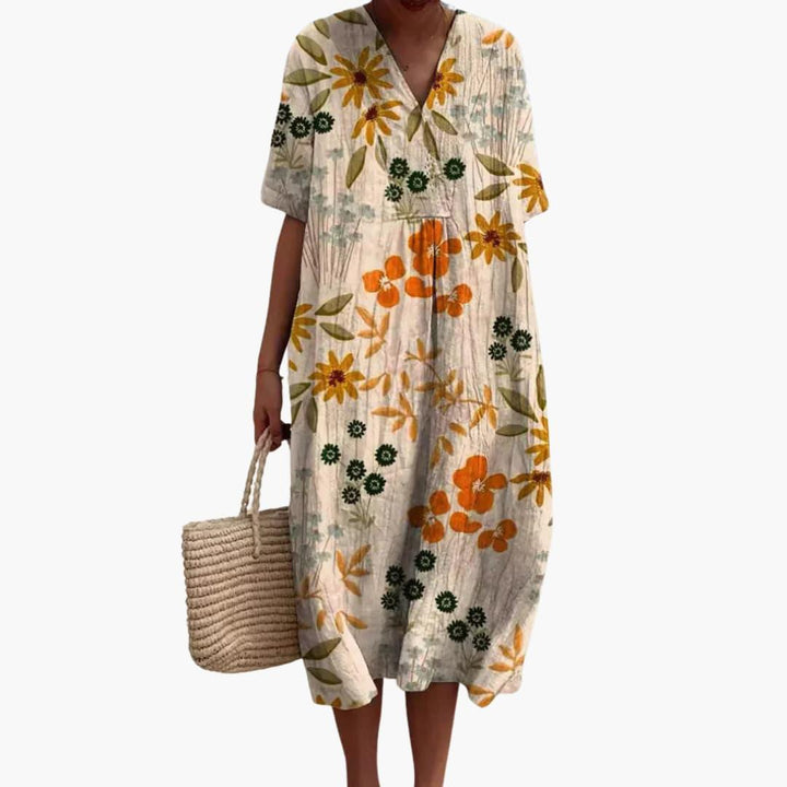 Floral V-Neck Oversized Midi Dress in yellow