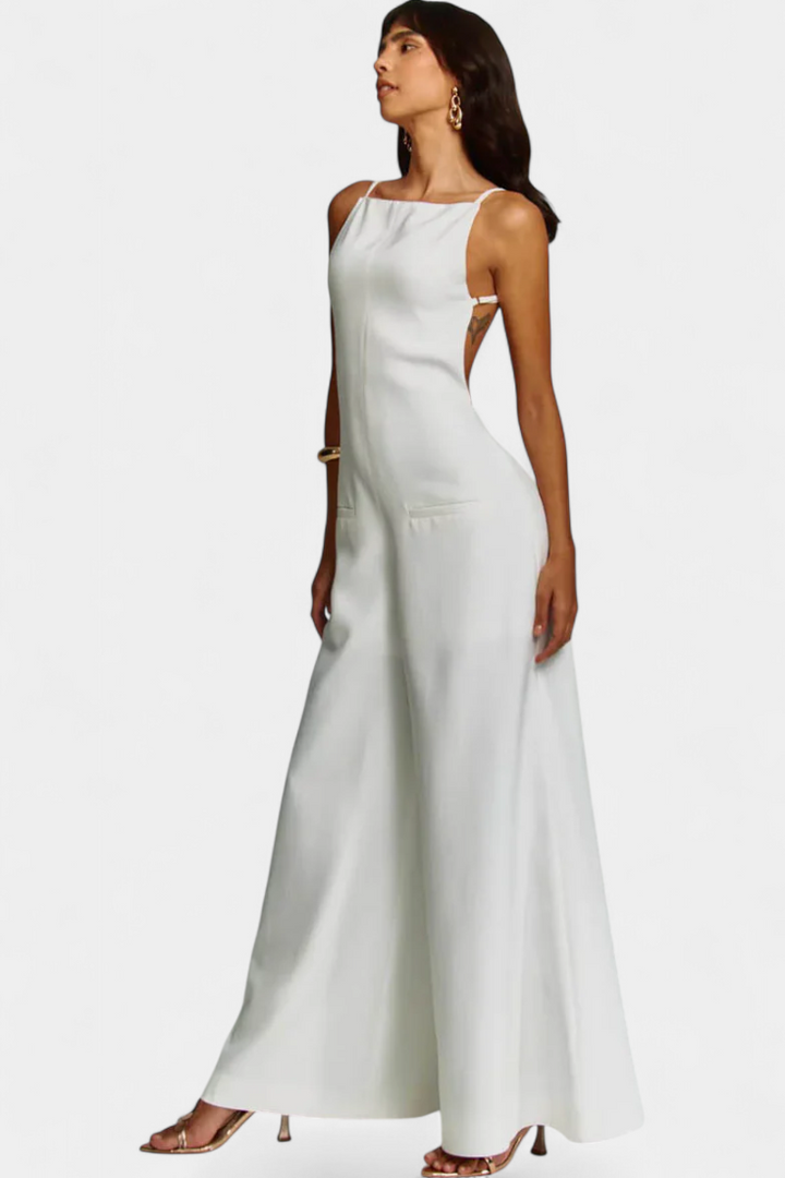Women's ramie halter wide leg jumpsuit in white