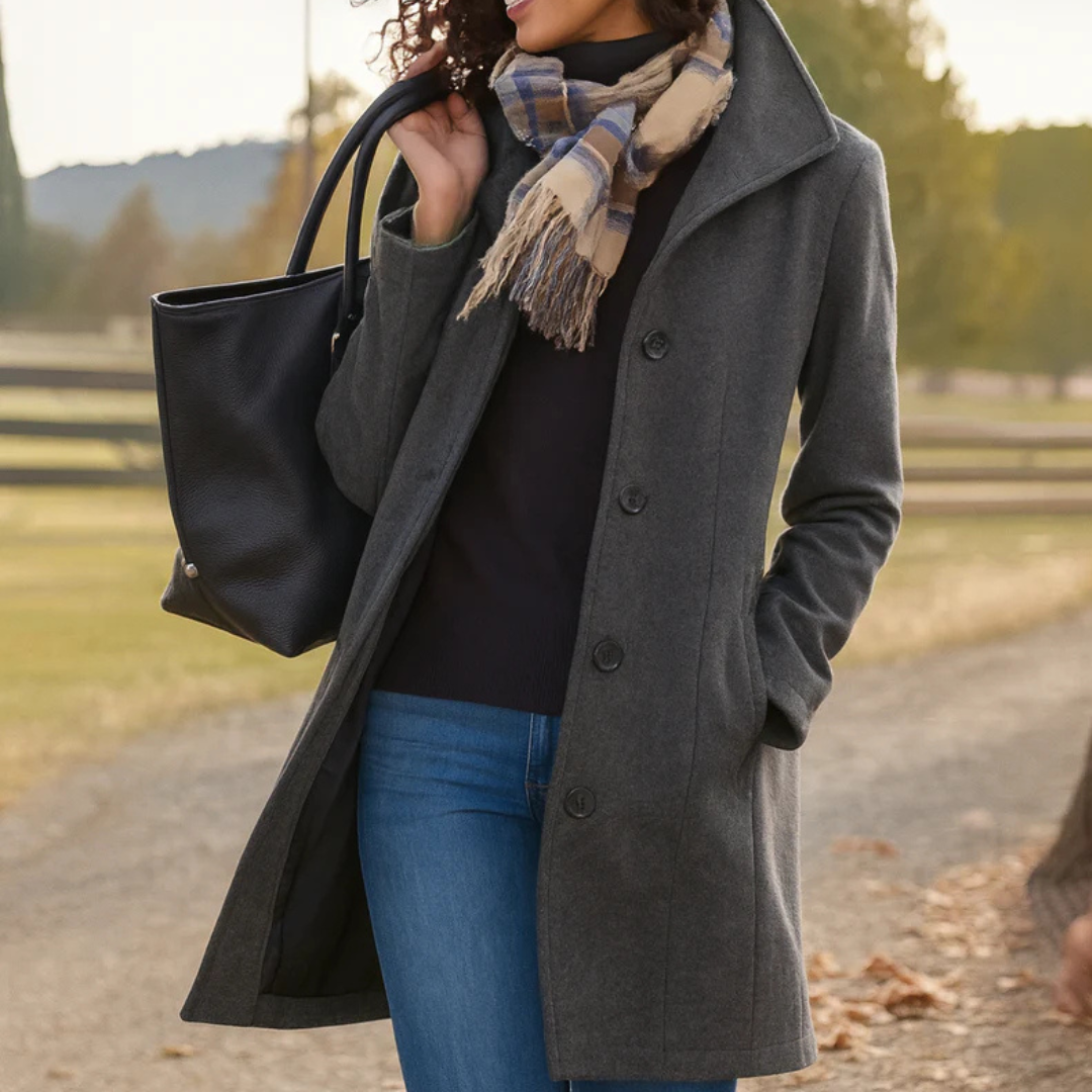 Grey button-front longline winter coat women