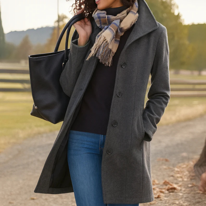 Grey button-front longline winter coat women