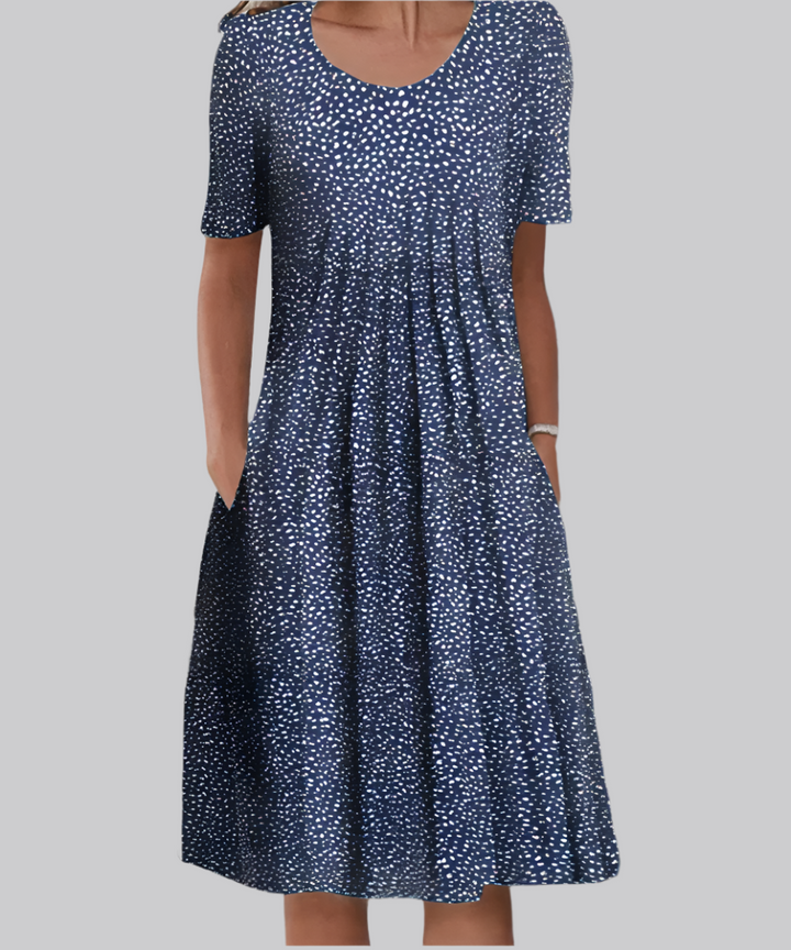 Elegant Flowing Printed Midi Dress - Blue Polka Dots