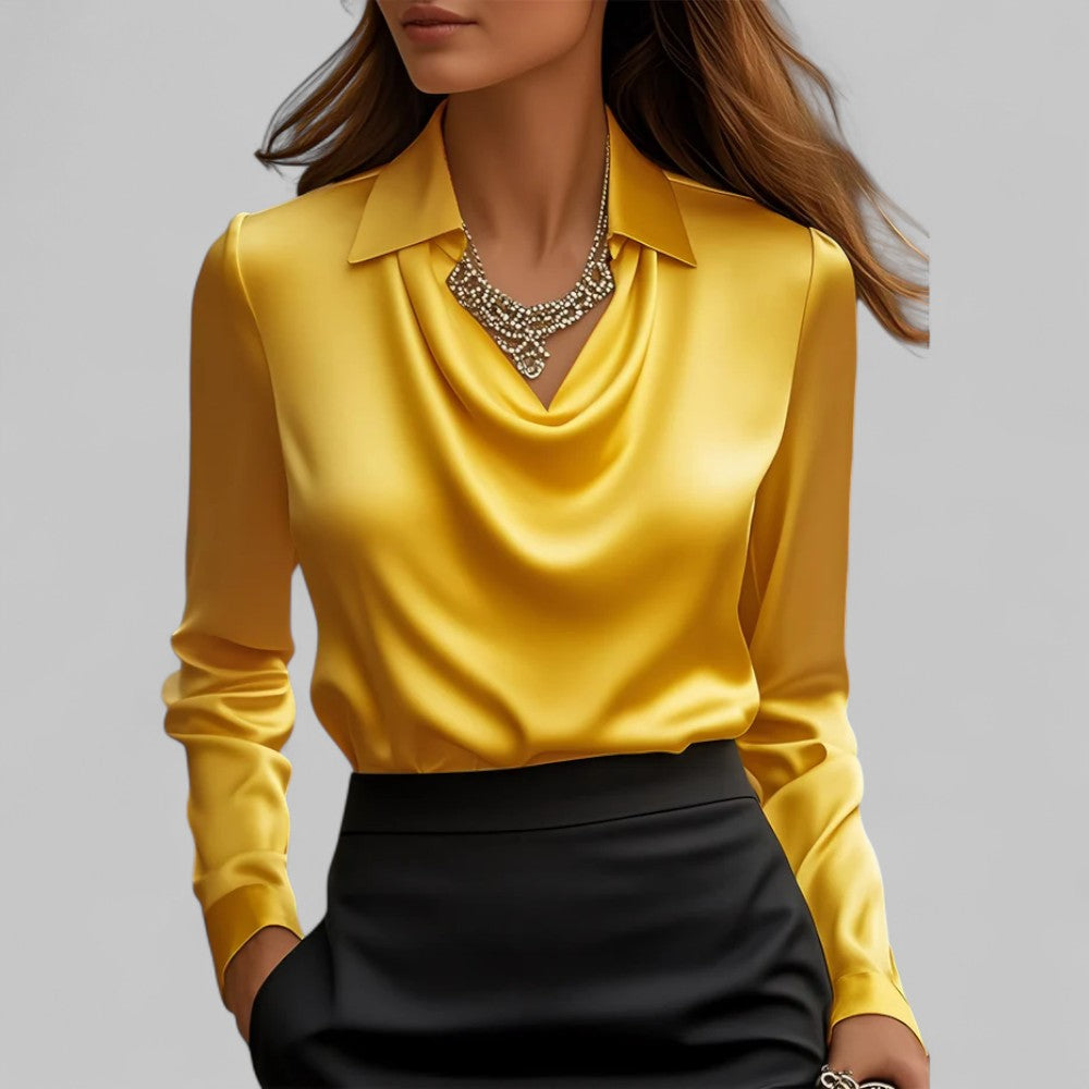 Satin draped neck blouse in yellow