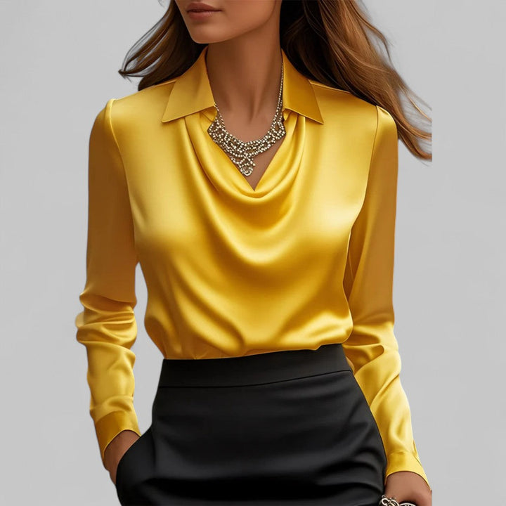Satin draped neck blouse in yellow