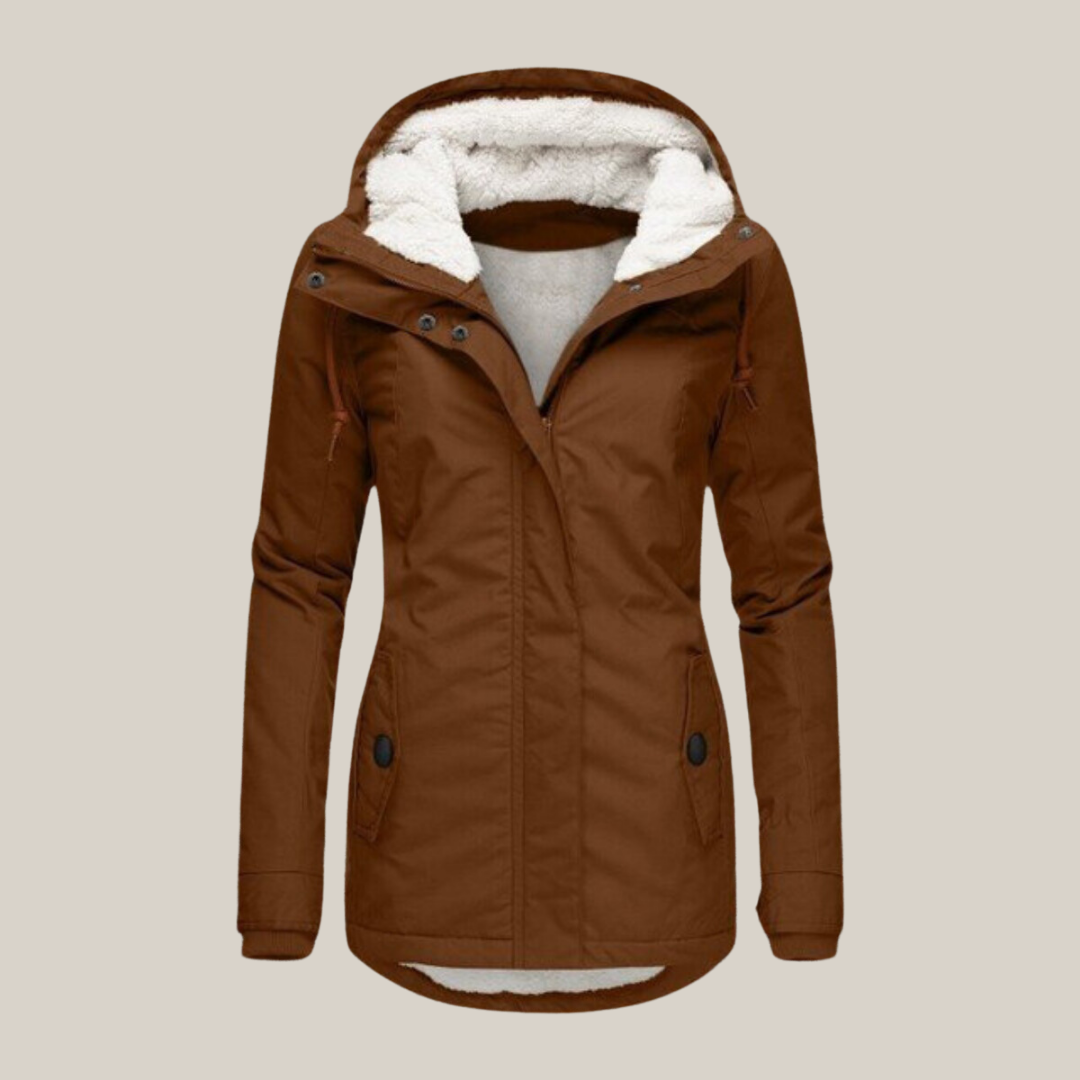 Women's warm-lined hooded winter jacket in brown