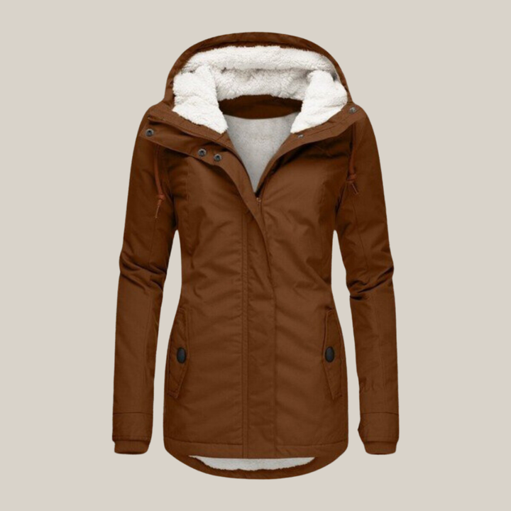 Women's warm-lined hooded winter jacket in brown