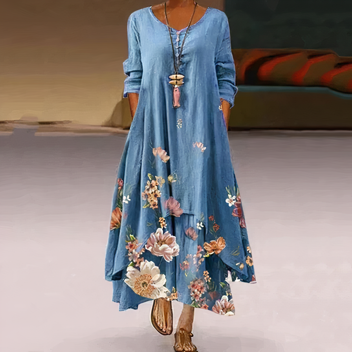 Women's floral border print long sleeve oversized maxi dress in blue