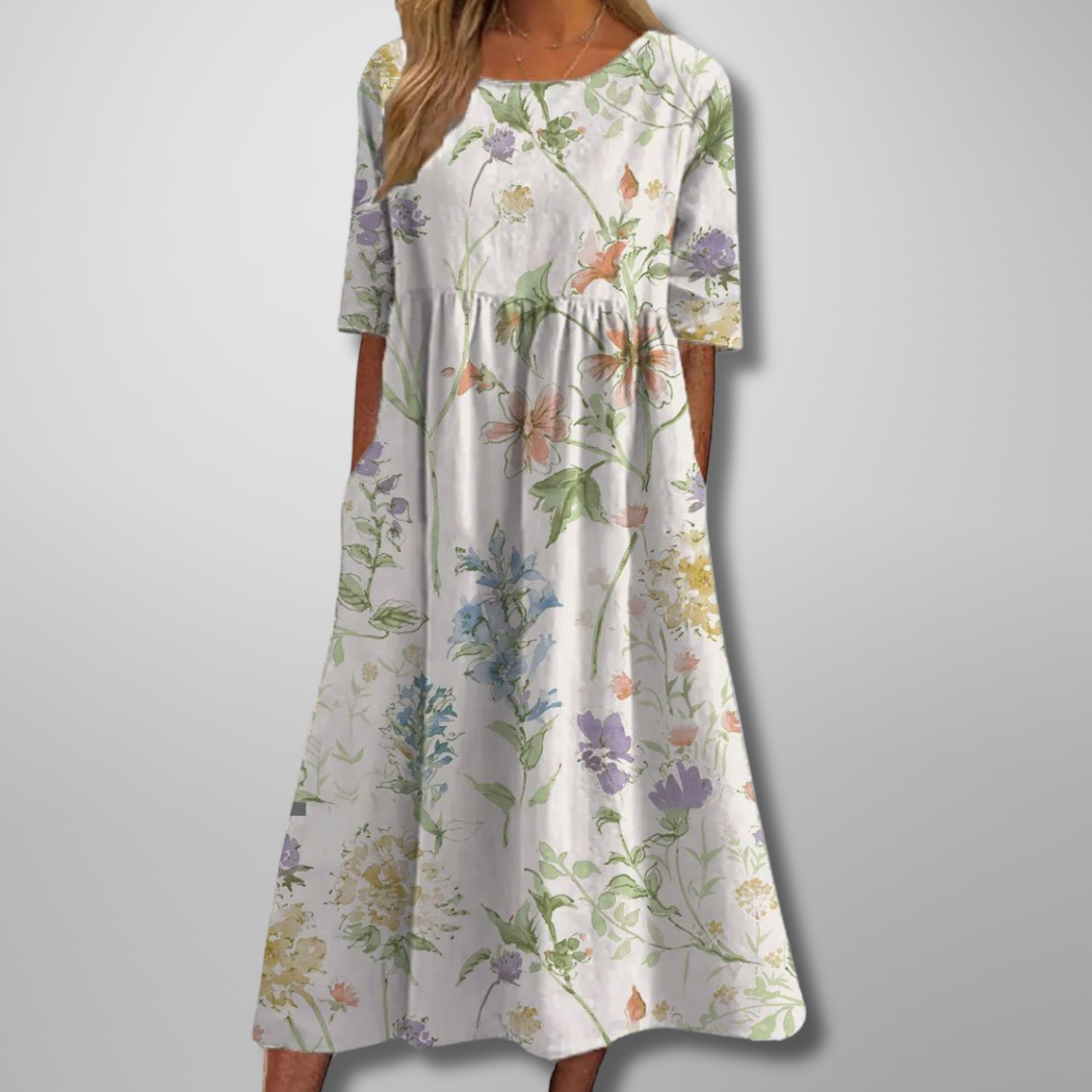 Relaxed floral midi dress in white
