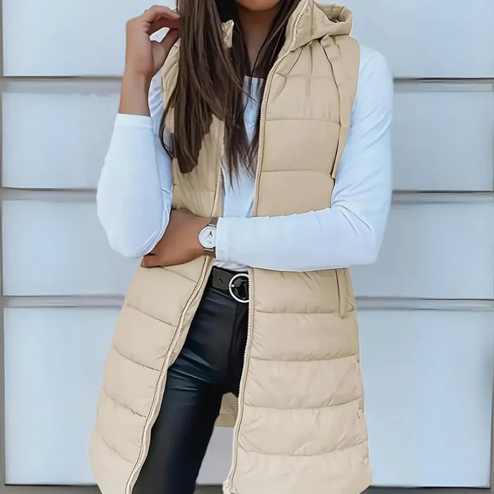 Longline hooded puffer vest beige