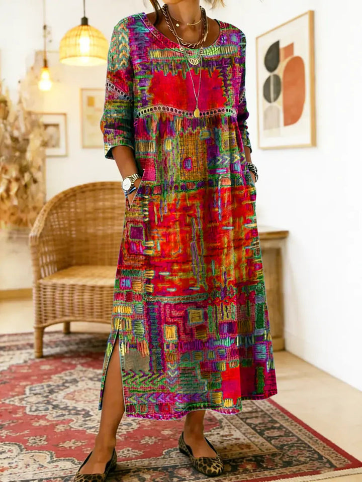 Ethnic patchwork print dress in red